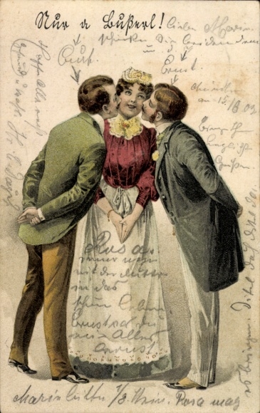 Postcard Chambermaid gets cheek kiss from two men
