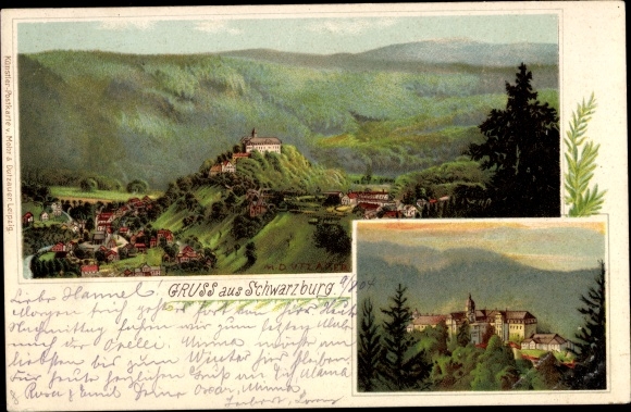 Kunstenaar litho Schwarzburg in Thüringen, panorama