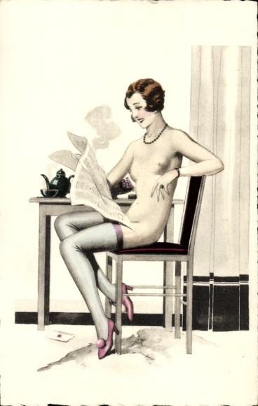 Postcard Naked woman at the desk, newspaper, stockings