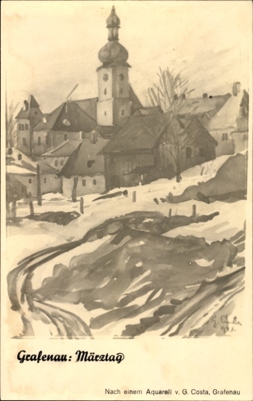 Künstler Ak Costa, G., Grafenau im Mittelgebirge Bayerischer Wald, Märztag, Blick zur Kirche