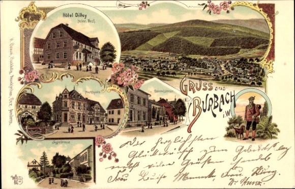 Chromo-Litho Burbach im Siegerland, Hotel Dittey, market square, total view