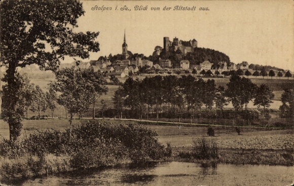 Postcard Stolpen in Saxony, view from the old town, church tower