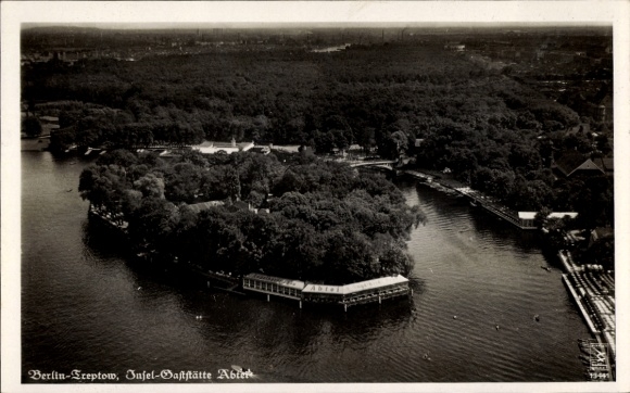 Ak Berlin Treptow, Insel Gaststätte Adler, Fliegeraufnahme