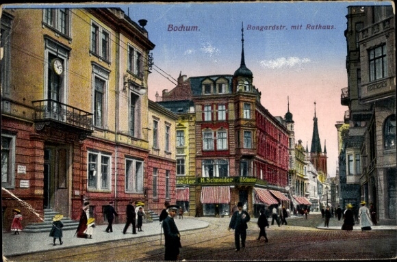 Postcard Bochum in the Ruhr area, Bongardstraße with town hall, H. Schneider store