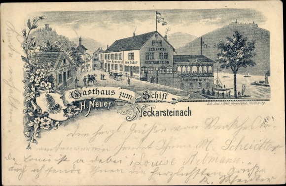Voorloper litho Neckarsteinach in Hessen Gasthaus zum Schiff