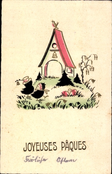 Papierknipkaart gefeliciteerd Pasen, kuikens, paaseieren, huis