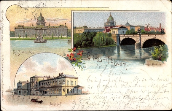 litho Potsdam in Brandenburg, koninklijk stadspaleis, lange brug, treinstation