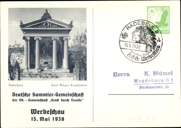Ansichtkaart Radebeul Saksen, het graf van Karl May, Duitse Verzamelaarsvereniging KDF, reclameshow 1938