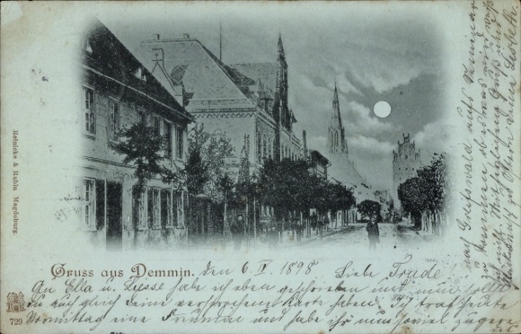 Maanlicht ansichtkaart Demmin in West-Pommeren, straatbeeld