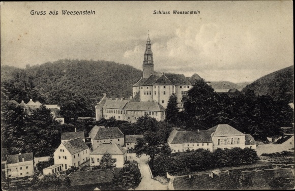 Ak Weesenstein Müglitztal in Saksen, uitzicht op de stad met het kasteel