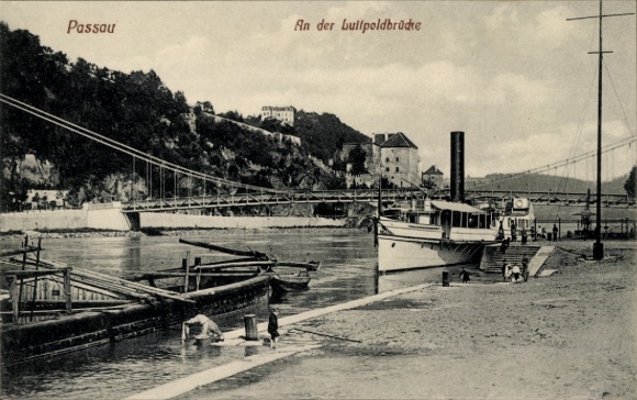 Postcard Passau in Lower Bavaria, Luitpold Bridge, steamship