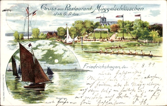 Litho Berlin Köpenick Friedrichshagen, Restaurant Müggelschlösschen, Ruderboote, Segelboot