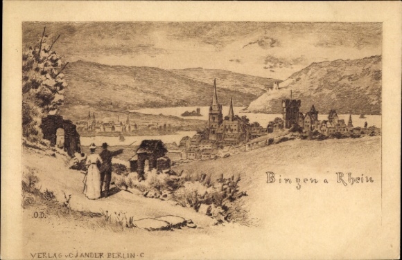Postcard Bingen am Rhein, .0.D., Verlag CJ Ander Perlin C, Landscape with Church