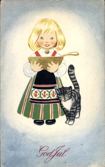 Postcard Merry Christmas, God Jul, girl with cat