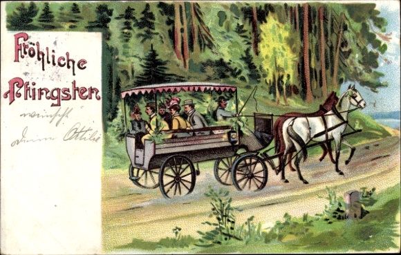 Litho Glückwunsch Pfingsten, Kutschenfahrt