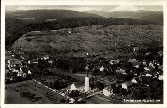 Postcard Dogern am Rhein, aerial photograph, church