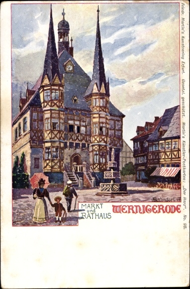 Kunstenaarskaart Bahndorf, Wernigerode am Harz, markt, stadhuis