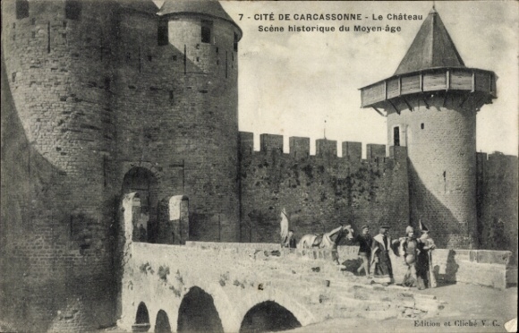 Postcard Carcassonne Aude, castle, historical scene