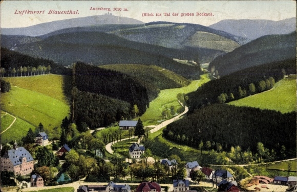 Postcard Blauenthal Eibenstock in the Ore Mountains, panorama, Auersberg, valley of the big Bockau