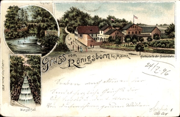 Chromo-Litho Finthen Mainz in Rhineland Palatinate, Restaurant and Brewery Königsborn, Pond, Waterfall