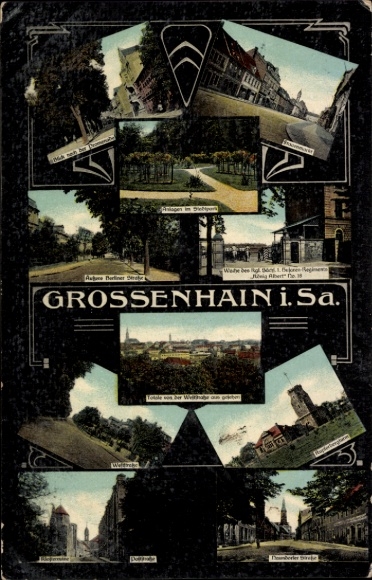 Ak Großenhain Saksen, algemeen overzicht, multi-image kaart, straatgedeelte, toren