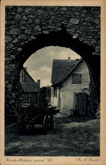 Postcard Zwingenberg on the Bergstraße in Hesse, back from the wood harvest, view through the gate, Dr. A. Sauer