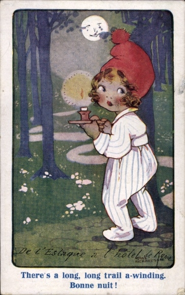 Artist Postcard Richardson, Agnes, There's a long trial a winding, Child with candle, Pajamas