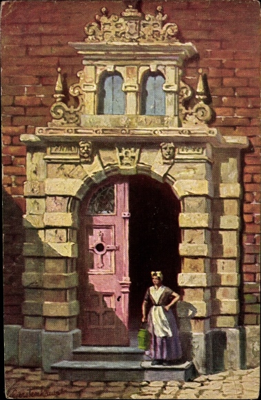 Artist PC Gerstenhauer, Johann Georg, woman in Dutch folk costume in front of a house