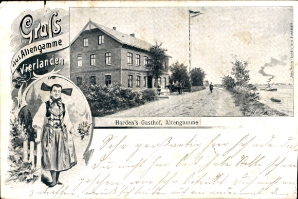 Postcard Hamburg Bergedorf Altengamme, Hardens Gasthof, flagpole, steamship, traditional costume