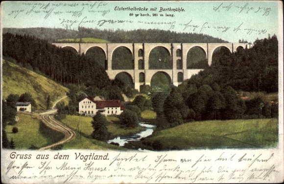 Postcard Jocketa Pöhl Vogtland, Elstertalbrücke with Barthmühle, railway line, viaduct, railway bridge