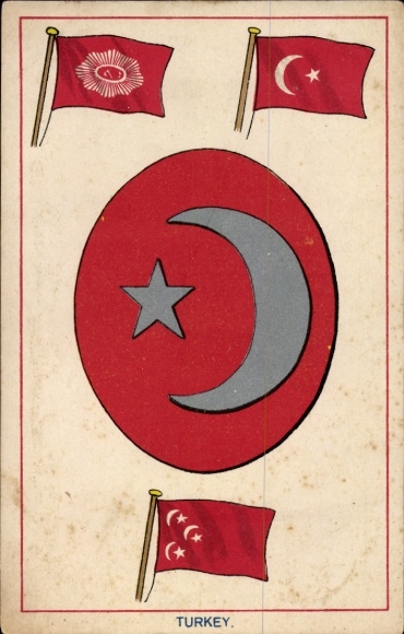 Postcard Türkiye, flags, national coat of arms