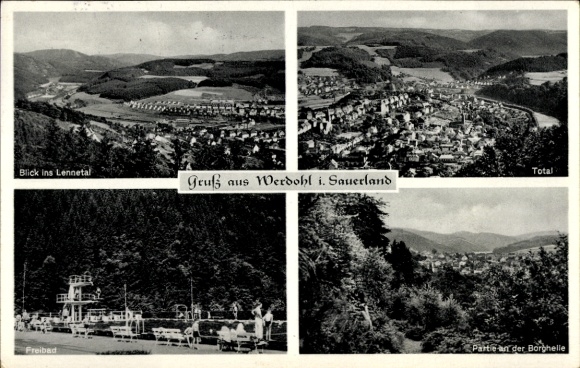 Ak Altenmühle Werdohl im Sauerland,  Blick ins Lennetal, Freibad, Total, Partie an der Borghelle