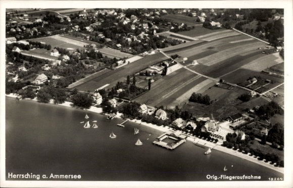 Postcard Herrsching am Ammersee, aerial view of sailboats, fields, houses