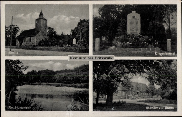 Postcard Kemnitz Pritzwalk in the Prignitz, church, war memorial, mill pond, Inn zur Sonne