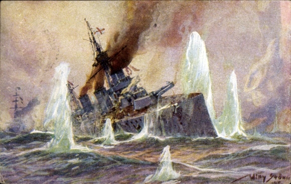 Artist Postcard Stöwer, Willy, Naval Battle North Sea 1915, English Battlecruiser, German Cruisers