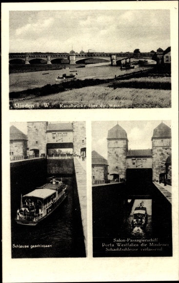 PC Minden in Westphalia, canal bridge, saloon passenger ship Porta Westfalica, shaft lock