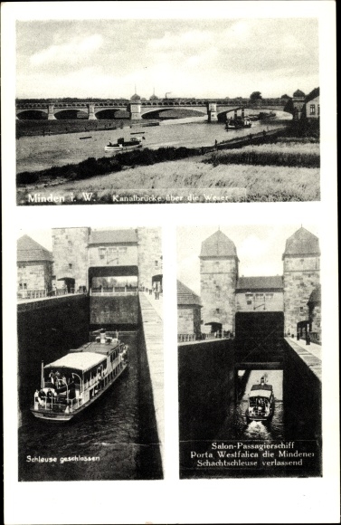 PC Minden in Westphalia, canal bridge, saloon, passenger ship Porta Westfalica, shaft lock