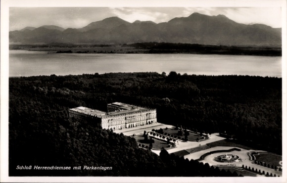 Postcard Herrenchiemsee Herreninsel Chiemsee Upper Bavaria, aerial photograph of the castle with park