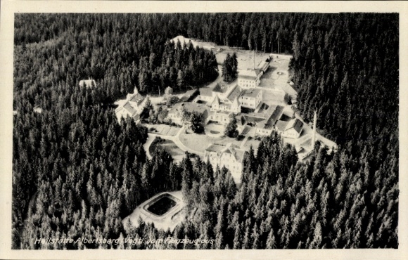 Postcard Albertsberg Auerbach im Vogtland, aerial view of the Wald sanatorium, buildings