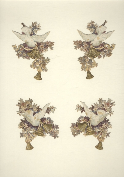 4 wafers white doves with flowers and bells, size approx. 9 x 8 cm each