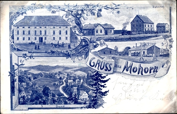 litho Grund Mohorn Wilsdruff Sachsen, treinstation, spoorzijde, herberg, uitzicht op de stad
