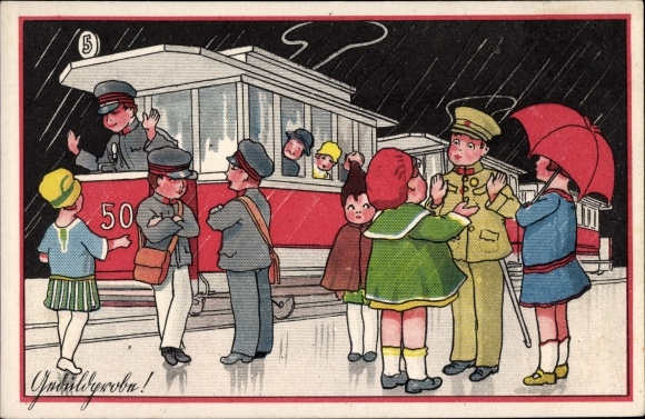 Artist Postcard patience test, tram, conductor in conversation