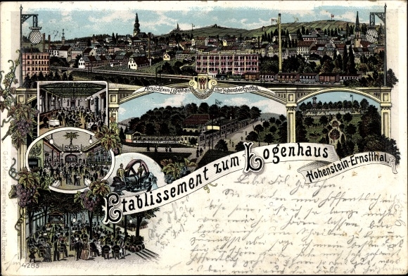 Litho Hohenstein Ernstthal in Sachsen, Etablissement zum Logenhaus, Innenansicht, Totalansicht