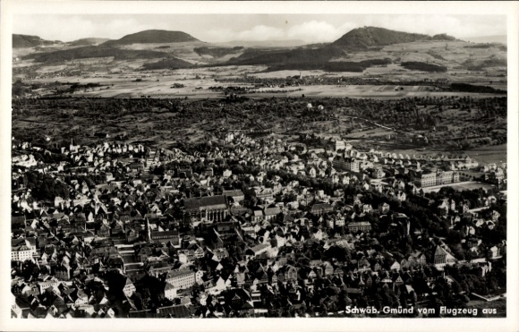 Postcard Schwäbisch Gmünd in the Remstal, Sankt Salvator, aerial view of mountains in the background, Black and White