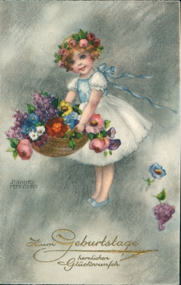 Kunstenaar ansichtkaart Petersen, H., gefeliciteerd verjaardag, meisje, bloemenmand, rozen