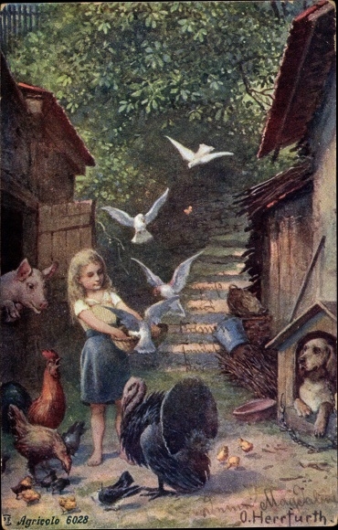 Artist PC Herrfurth, Oskar, girl feeds animals, turkey, pig, pigeons, dog, chickens