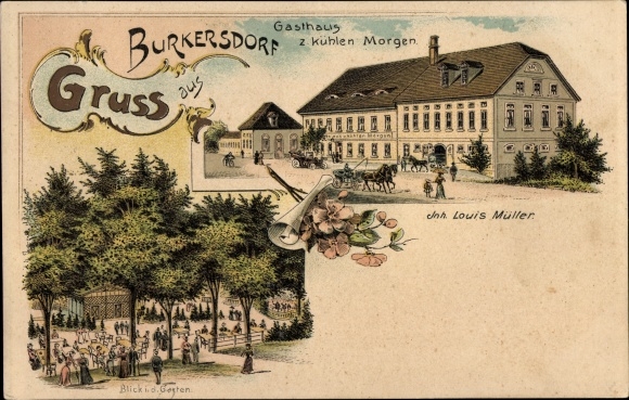 Chromo-Litho Burkersdorf Nobitz in Thuringia, inn for the cool morning, garden