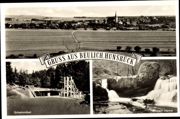 Postcard Beulich in the Rhein Hunsrück district, swimming pool, Ehrbach Gorge, panorama of the place