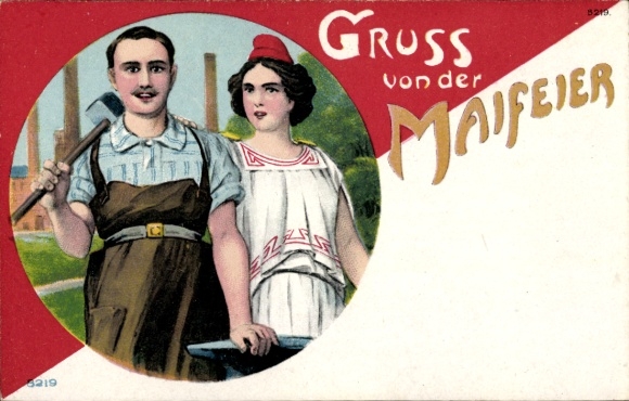 Passepartout Chromo-Litho Greetings from the May Day Celebration, Worker with Hammer and Anvil, Marianne, BB&OL 5219