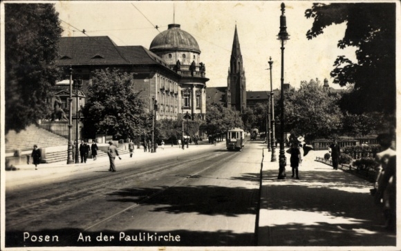 Ak Poznań Posen, Paulikirche, Straßenbahn